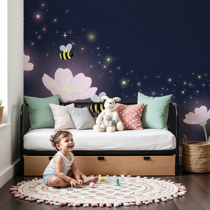 Papier de parede za bebe sobu | Ružičasti cvjetovi i pčele u zvjezdanoj noći