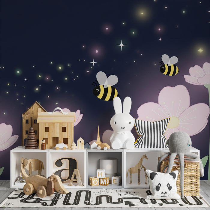 Papier de parede za bebe sobu | Ružičasti cvjetovi i pčele u zvjezdanoj noći