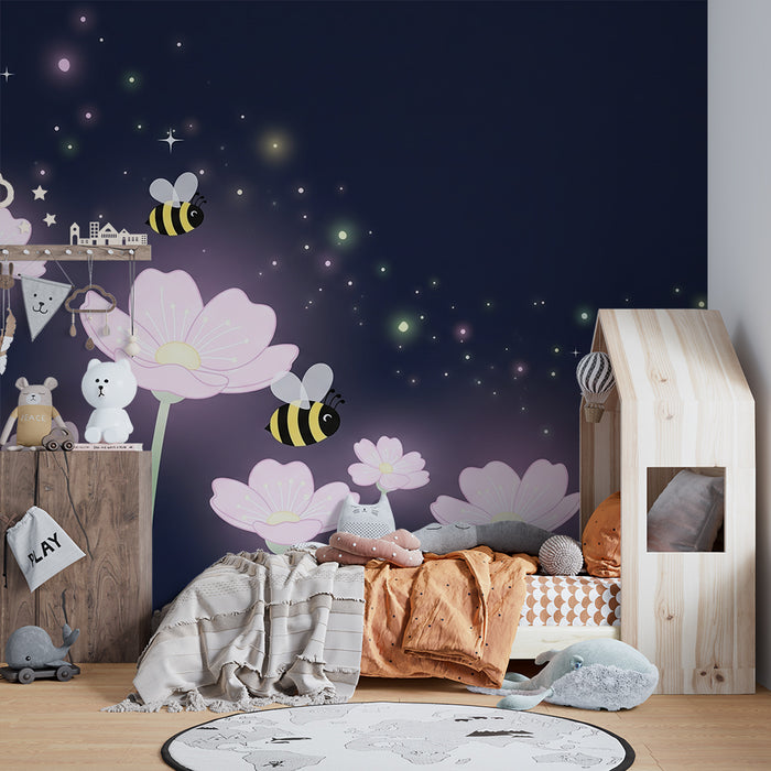 Papier de parede za bebe sobu | Ružičasti cvjetovi i pčele u zvjezdanoj noći
