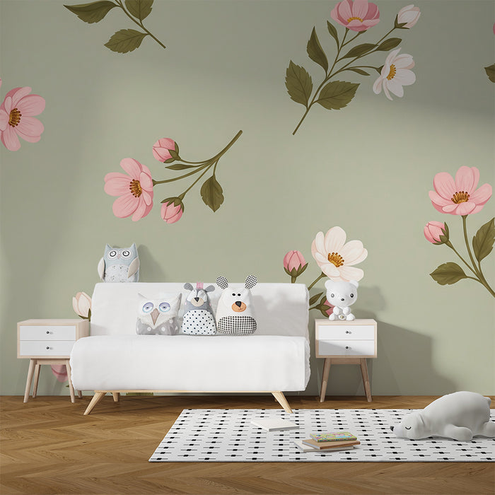 Papier peint chambre bébé | Fleurs roses et blanches sur fond vert sauge