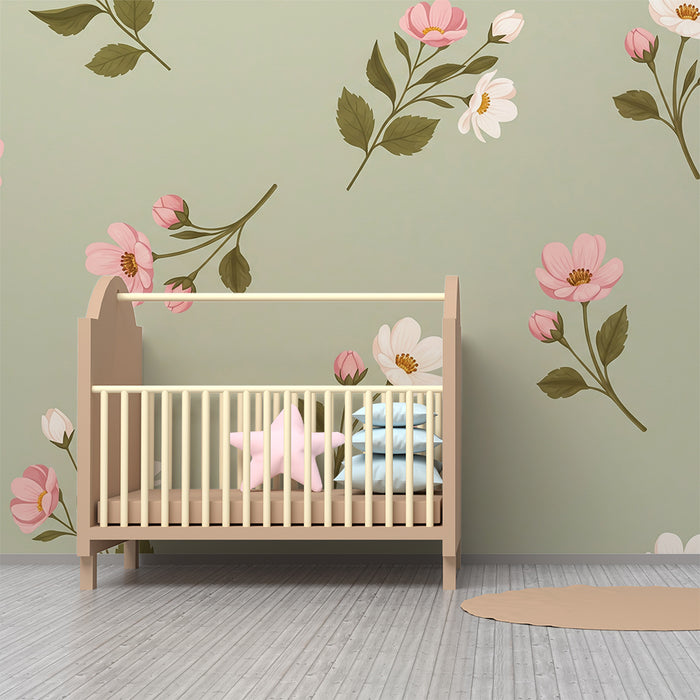 Papier peint chambre bébé | Fleurs roses et blanches sur fond vert sauge