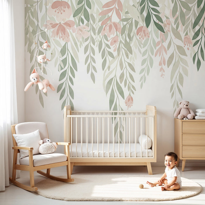 Babykamer behang | Roze bloemen en waterverf groen blad