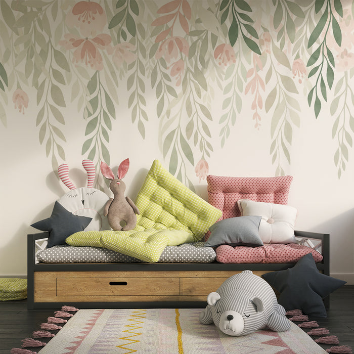 Babykamer behang | Roze bloemen en waterverf groen blad