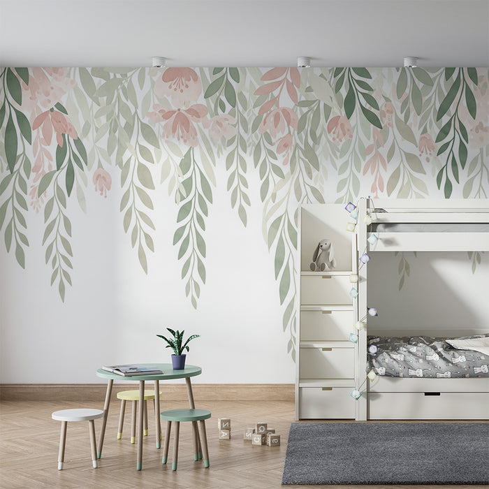 Babykamer behang | Roze bloemen en waterverf groen blad