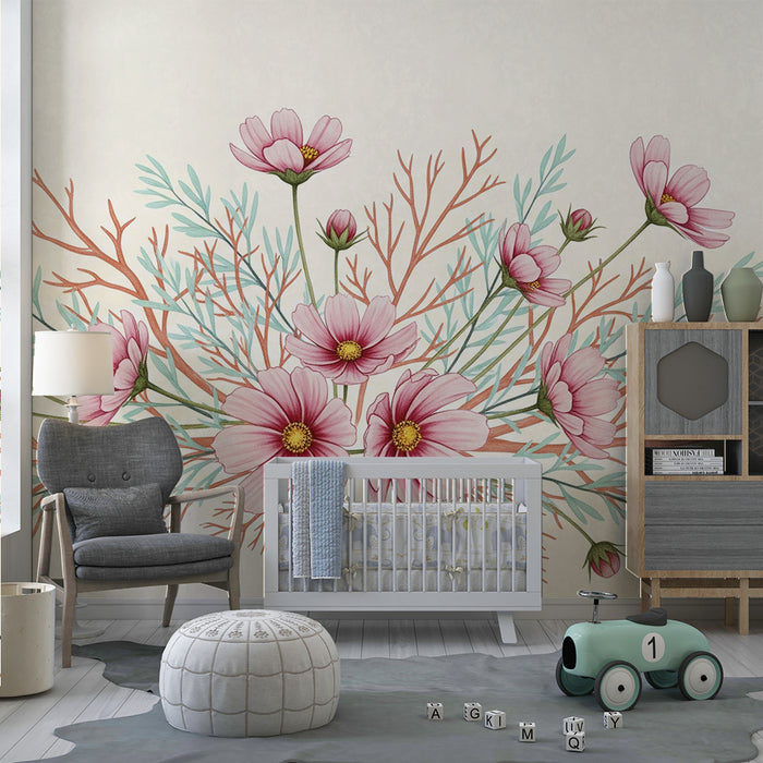 Papier peint chambre bébé | Fleurs roses et fond pastel