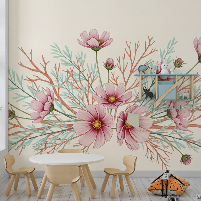 Papier peint chambre bébé | Fleurs roses et fond pastel