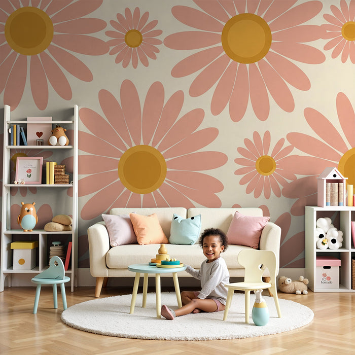 Behang babykamer | Roze en gele bloemen op crèmekleurige achtergrond