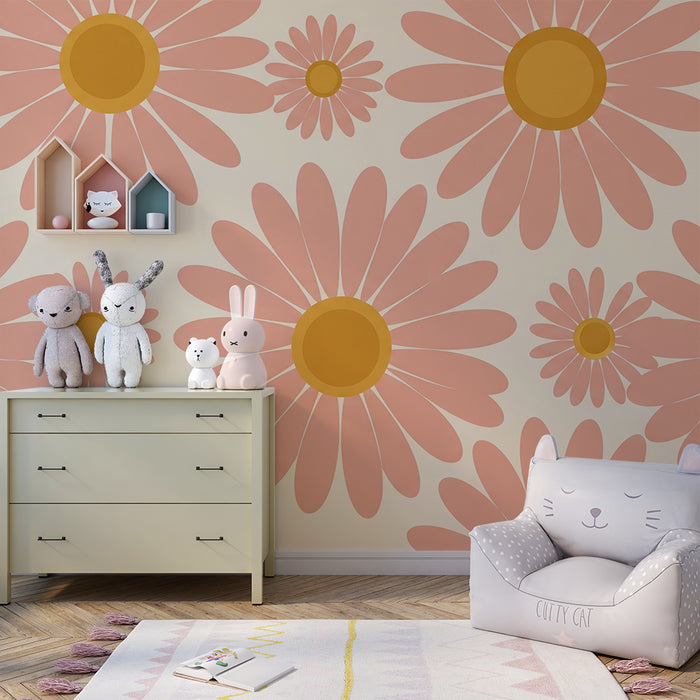 Behang babykamer | Roze en gele bloemen op crèmekleurige achtergrond