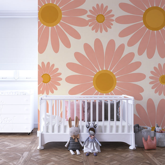 Behang babykamer | Roze en gele bloemen op crèmekleurige achtergrond