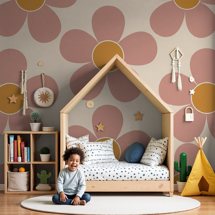 Behang babykamer | Roze en gele bloemen op een crèmekleurige achtergrond