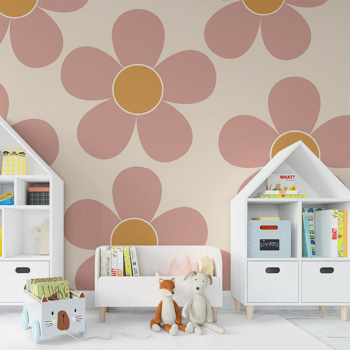 Behang babykamer | Roze en gele bloemen op een crèmekleurige achtergrond
