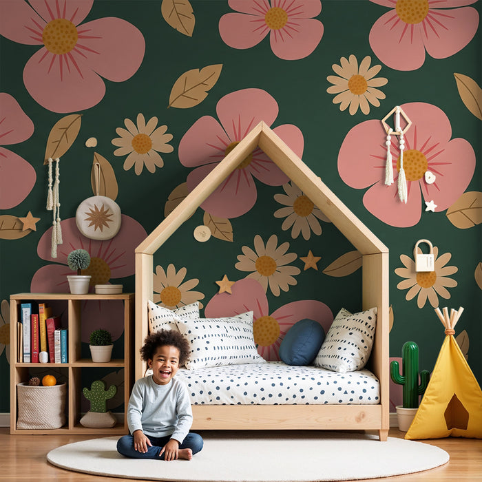 Nursery room wallpaper | Pink flowers and yellow daisies on a green background