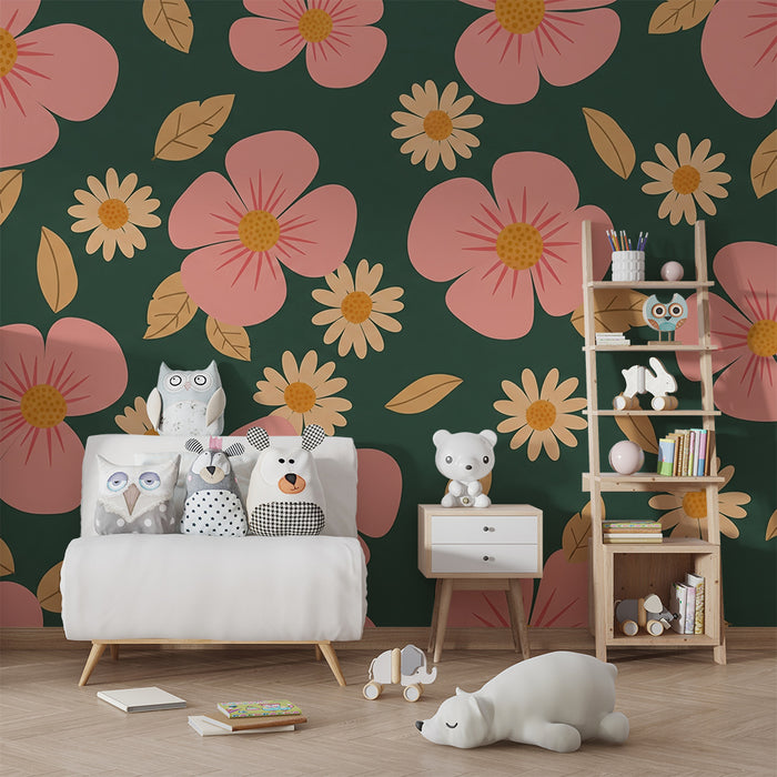 Nursery room wallpaper | Pink flowers and yellow daisies on a green background