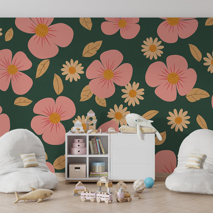 Nursery room wallpaper | Pink flowers and yellow daisies on a green background