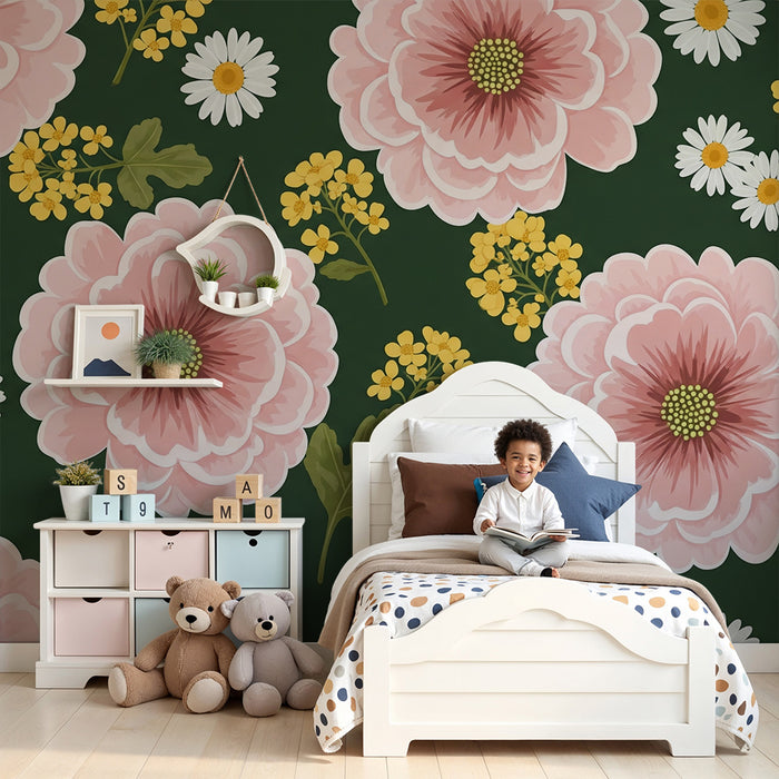 Baba szoba tapéta | Rózsaszín virágok és százszorszépek zöld háttéren