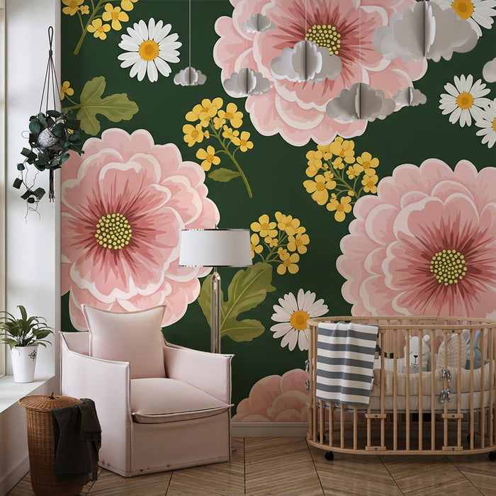 Baba szoba tapéta | Rózsaszín virágok és százszorszépek zöld háttéren
