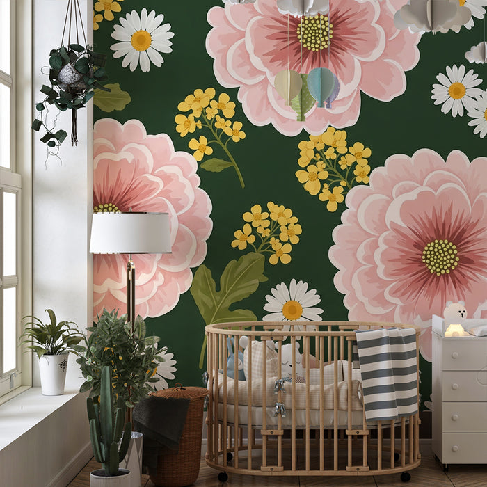 Baba szoba tapéta | Rózsaszín virágok és százszorszépek zöld háttéren