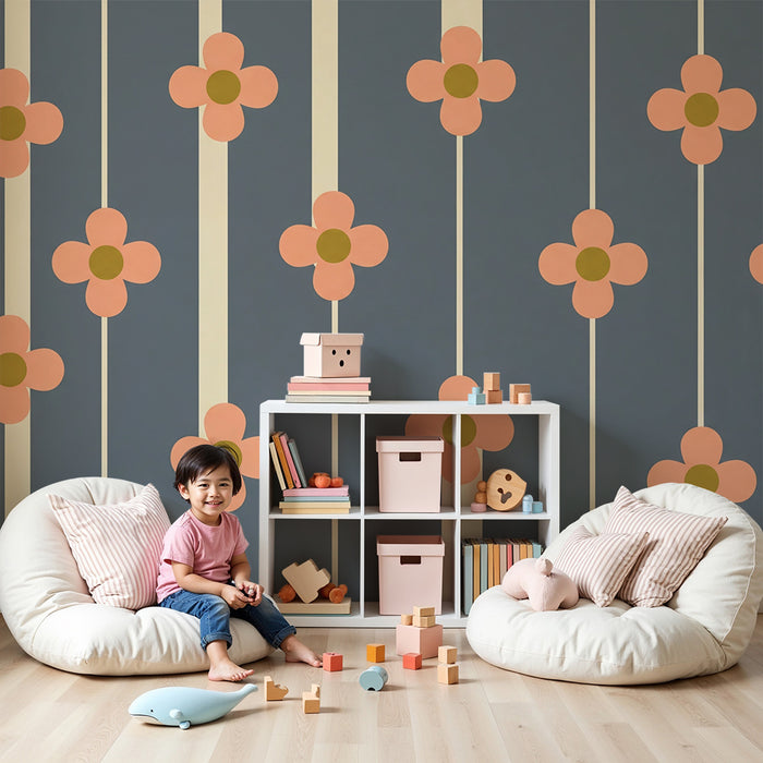 Papier peint chambre bébé | Fleurs roses sur fond gris avec des lignes élégantes