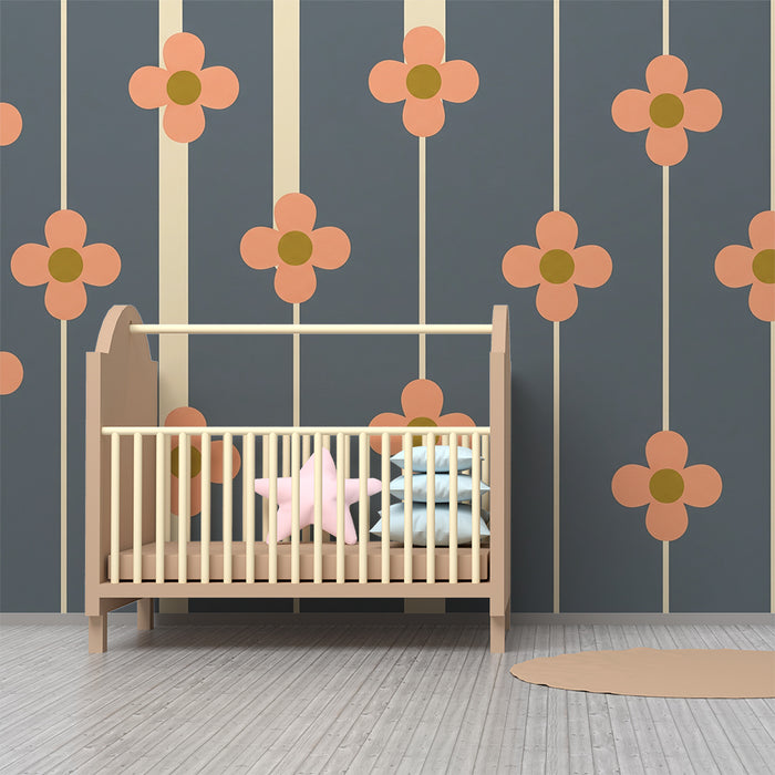Papier peint chambre bébé | Fleurs roses sur fond gris avec des lignes élégantes