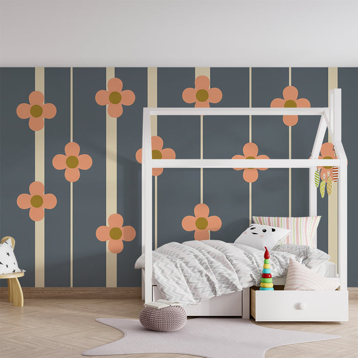 Papier peint chambre bébé | Fleurs roses sur fond gris avec des lignes élégantes