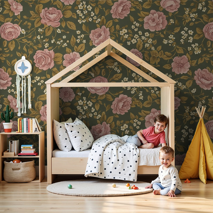 Nursery room wallpaper | Rózsaszín virágok zöld háttéren, lágy és romantikus hangulatért