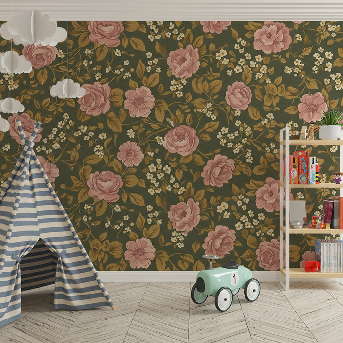 Nursery room wallpaper | Rózsaszín virágok zöld háttéren, lágy és romantikus hangulatért