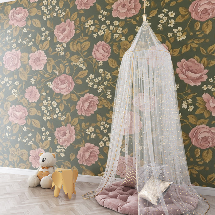 Nursery room wallpaper | Rózsaszín virágok zöld háttéren, lágy és romantikus hangulatért