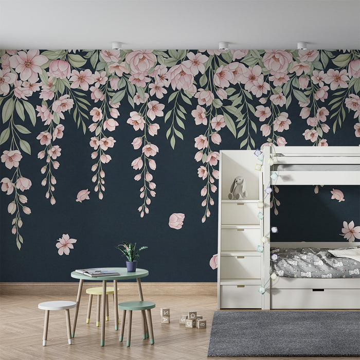Tapet cameră bebeluși | Flori roz suspendate pe fundal întunecat