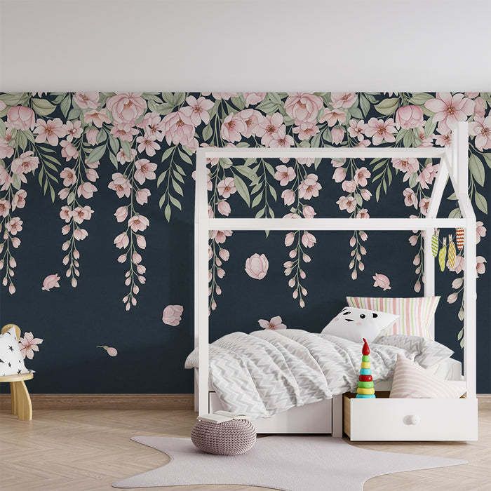 Tapet cameră bebeluși | Flori roz suspendate pe fundal întunecat