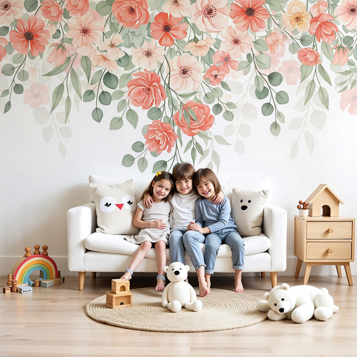Babykamer behang | Rode en roze hangende bloemen