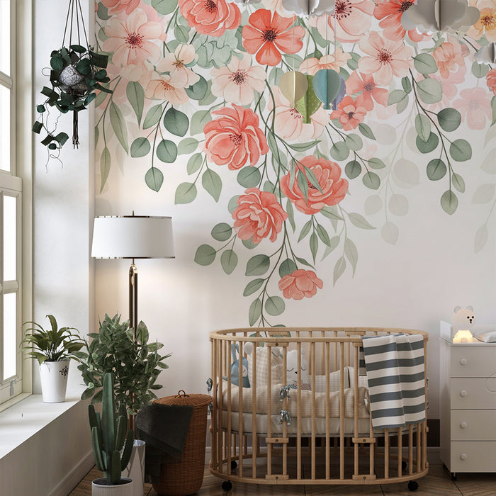 Babykamer behang | Rode en roze hangende bloemen