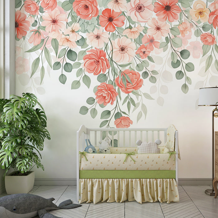 Babykamer behang | Rode en roze hangende bloemen