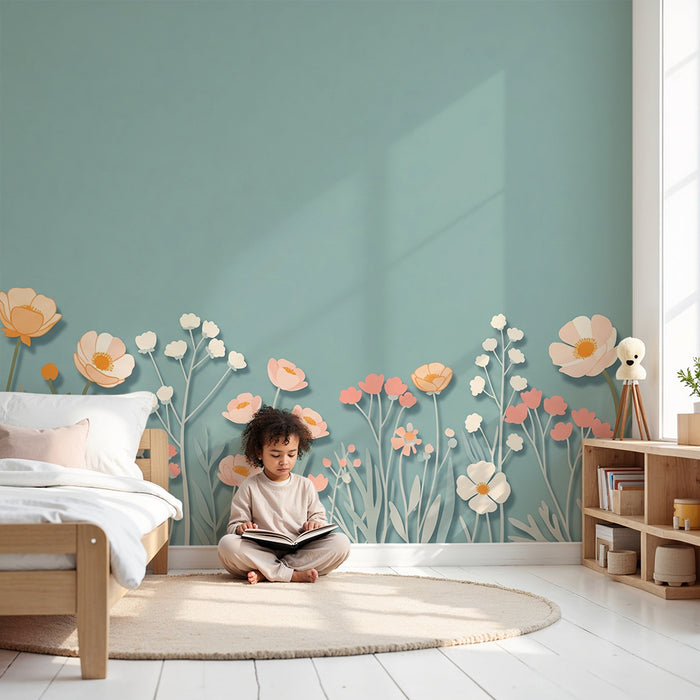 Papier peint chambre bébé | Fleurs sauvages avec ombres sur fond bleu