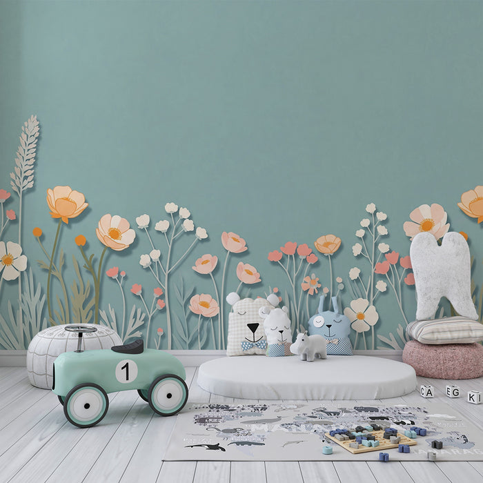 Papier peint chambre bébé | Fleurs sauvages avec ombres sur fond bleu