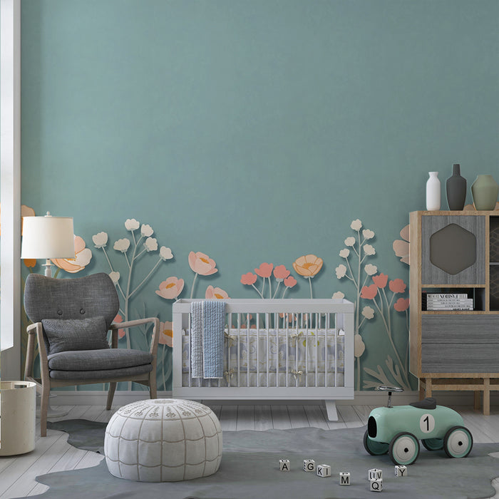 Papier peint chambre bébé | Fleurs sauvages avec ombres sur fond bleu
