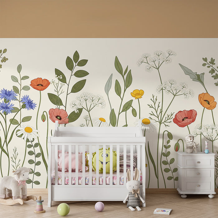 Papel de parede para quarto de bebé | Flores coloridas sobre fundo suave