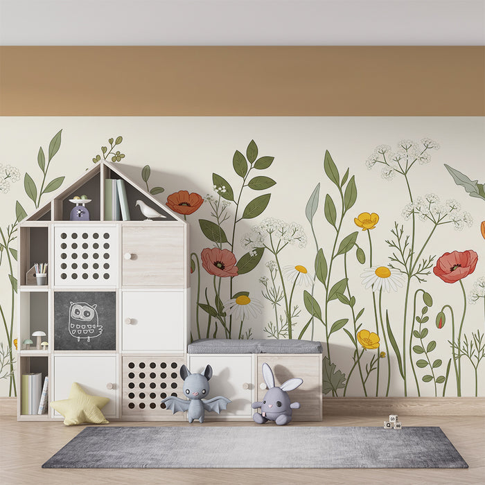 Papel de parede para quarto de bebé | Flores coloridas sobre fundo suave