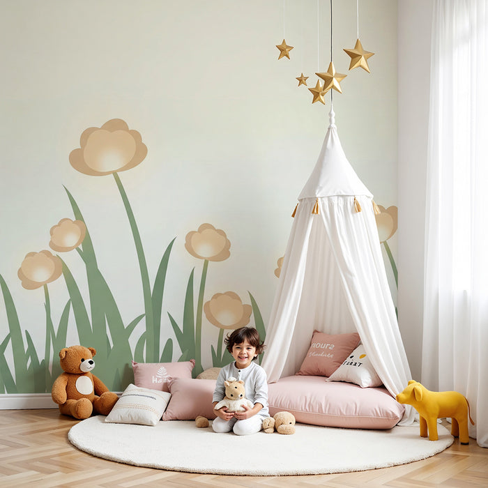 Papel de parede quarto bebê | Flores selvagens douradas