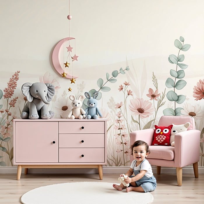 Papier peint chambre bébé | Fleurs sauvages sur fond pastel