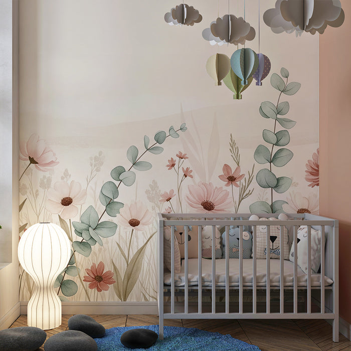 Papier peint chambre bébé | Fleurs sauvages sur fond pastel