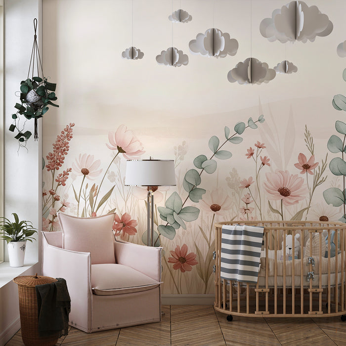 Papier peint chambre bébé | Fleurs sauvages sur fond pastel