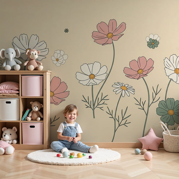 Papier peint chambre bébé | Fleurs sauvages sur un doux fond beige