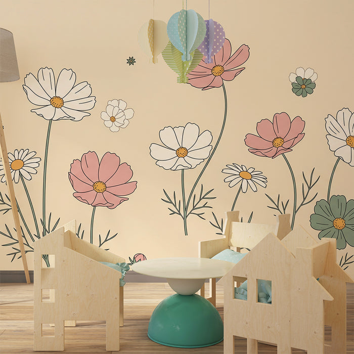Papier peint chambre bébé | Fleurs sauvages sur un doux fond beige