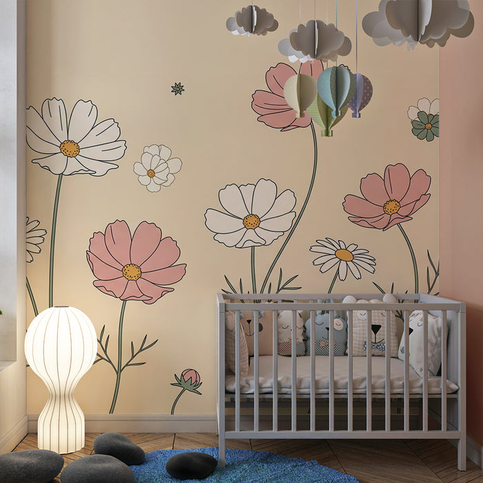 Papier peint chambre bébé | Fleurs sauvages sur un doux fond beige