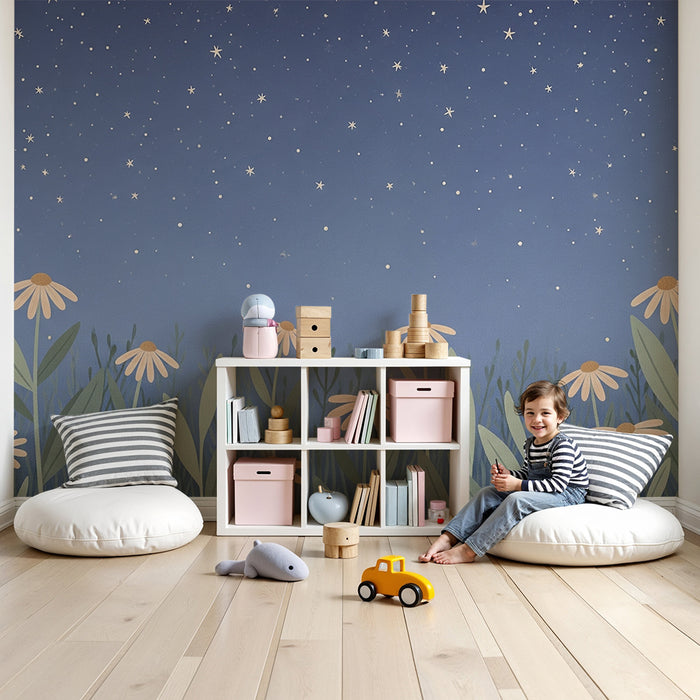 Papier peint chambre bébé | Fleurs sous un ciel étoilé