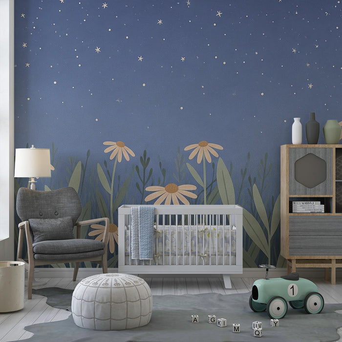 Papier peint chambre bébé | Fleurs sous un ciel étoilé