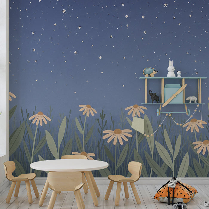 Papier peint chambre bébé | Fleurs sous un ciel étoilé