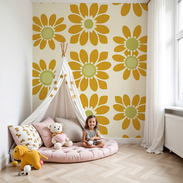 Papier peint chambre bébé | Fleurs stylisées aux couleurs douces et chaleureuses