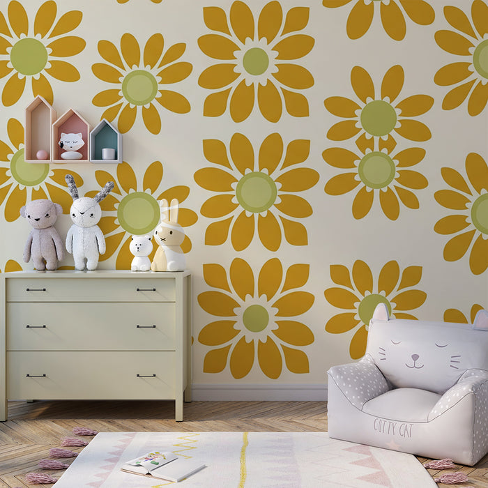 Papier peint chambre bébé | Fleurs stylisées aux couleurs douces et chaleureuses