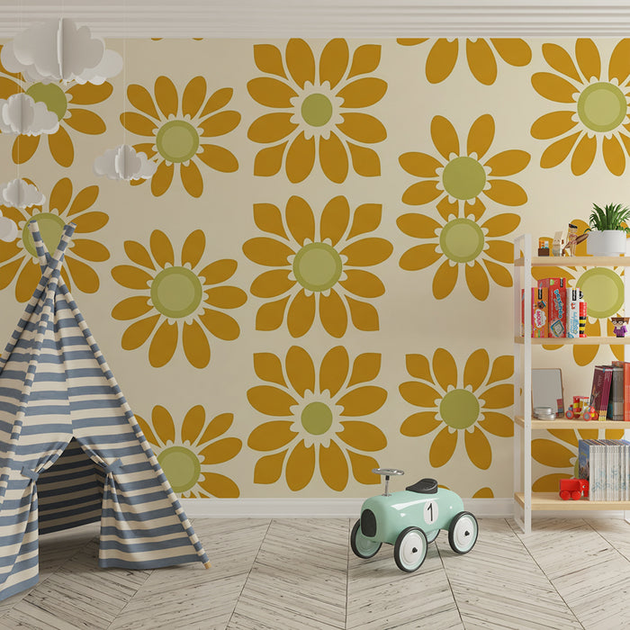Papier peint chambre bébé | Fleurs stylisées aux couleurs douces et chaleureuses
